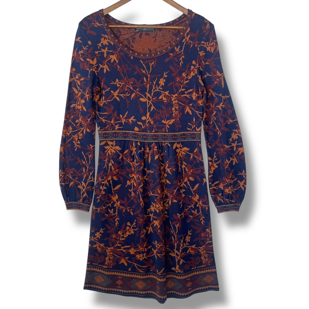Peruvian Connection S Blue Floral 100% Pima Cotton Knit Dress Long Sleeve Boho